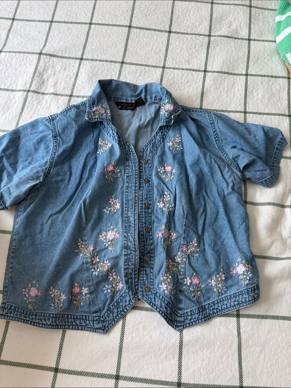 Embroidered Denim Button-Up Shirt - Blue with Pink Floral